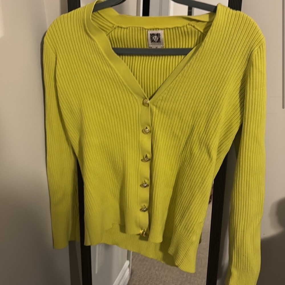 ANNE KLEIN Green Ribbed Gold Button Long Sleeve Fitted Cardigan Sweater M